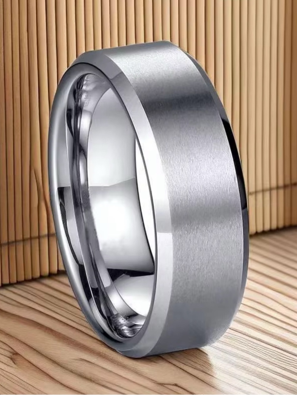 Men's Brushed Titanium Stainless Steel Bevel Edge Band Ring